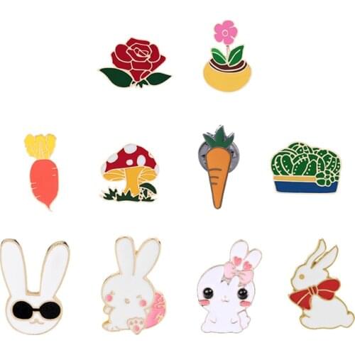 Cute Bunny Rabbit Carrot Flower Enamel Pins Brooches Jackets Coat Bag Hat Metal Collar Lapel Pin Badges Jewelry Gifts for Kids