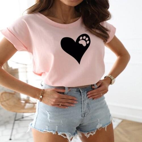 Heart Bear Paw Print Short Sleeve T-Shirts Women Casual Summer Shirts for Women Loose White Crew O-Neck Graphic Tees Streetwear