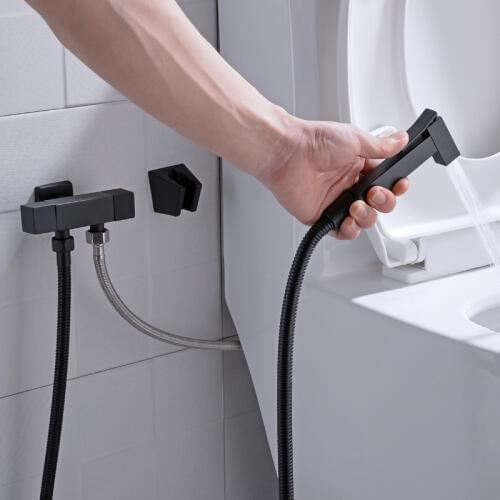 Square Black Two Function Tap Faucet Handheld Shattaf Bidet with Black Bracket and Spring PVC Hose for Bathroom Toiliet Garden