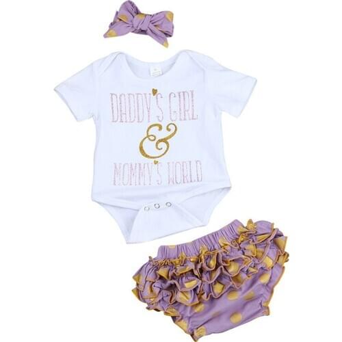 LUCKKIDS Bodysuit Bebe Purple Ruffled Pant Headband Infant Casual Summer Carters 3PCS Newborn Baby Clothing Set WhiteGirl Romper