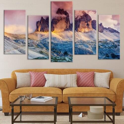 Modular Canvas Wall Art Pictures 5 Pieces Glow Fog Austria Dolomites Mountain At Sunset Painting Home Decor Printed Poster Frame