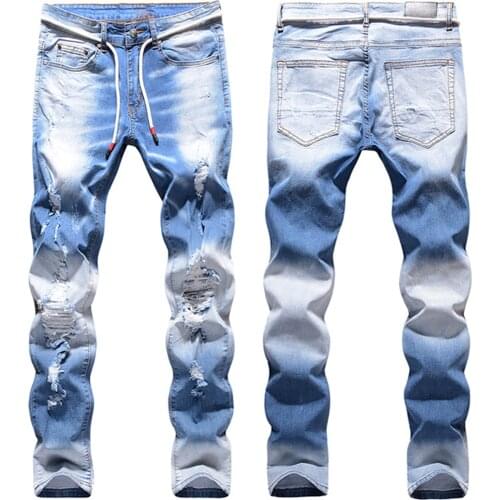 2021 Men’s Ripped Jeans,Stretch Denim Pants,High Street Blue Jeans,Distressed Moto&Biker Slim-fit Jeans,Youth Fashion Must