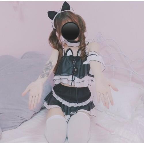 Anime Cosplay Costume Sexy Women Lingerie Set Lolita Sleepwear Intimates Set Cute Girls Cat Ears Ruffle Camisoles Underwear Sets
