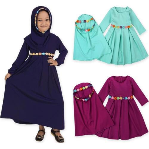 Autumn Winter Dress Muslim Girl Long Sleeve Dress Children Clothing Sets Baby Girl Dress+Scarf Party Wedding Dress Muslim Sets