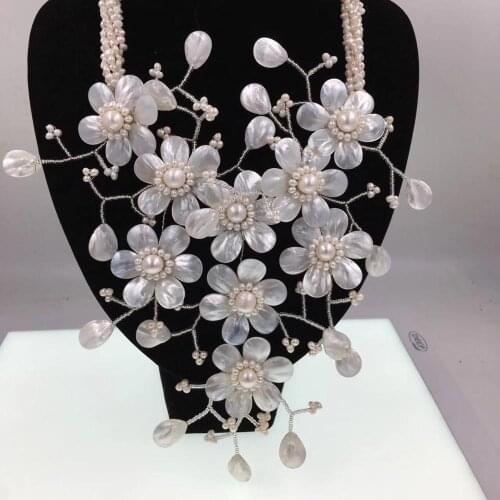 Freshwater pearl white and sea shell flower necklace 19inch FPPJ wholesale beads nature