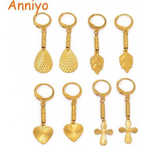 Anniyo(1 Pair) Small Size Heart Cross Leaves Earrings for Women Girl Gold Color Kiribati Earings Kids Jewelry Party Gift #016207