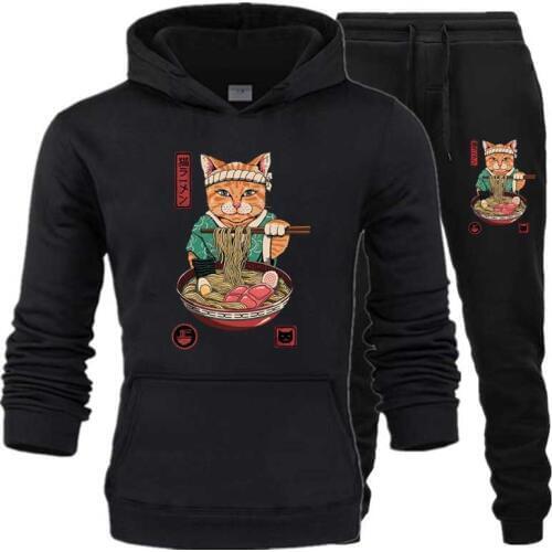 Neko Ramen Mens Sets Ukiyo Cat warm hoodies+Pants Harajuku wholesale Sport Suits drop shipping Sweatshirts Tracksuit Sportswear