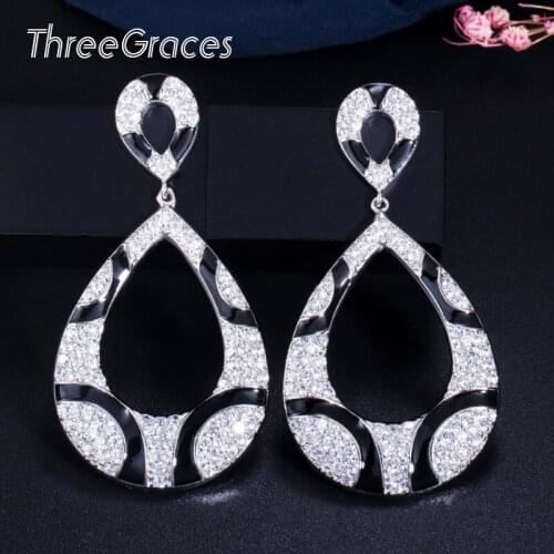 ThreeGraces 2020 Fashion Brand Mirco Pave Cubic Zirconia Black Enamel Large Long Drop Earrings for Women Jewelry Gift ER314
