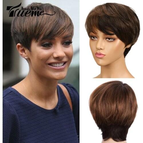 Trueme 100% Human Hair Wigs For Black Women Fashion Pixie Cut Short Hair Wigs Mix Pink Red Grey Brazilian Straight Full Wigs