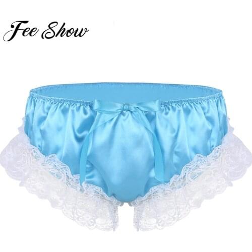 Gay Men Adults Shiny Soft Ruffled Floral Lace Sissy Briefs Lingerie Low Rise Stretchy Sissy Panties Bikini Men Briefs Underwear