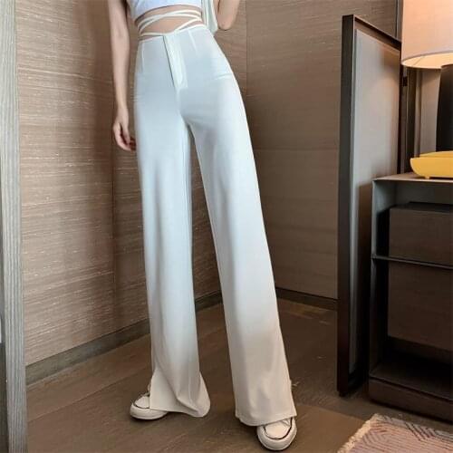 Bella 2021 new Summer Fashion High Waist Straight Pant Women Sexy Casual Street Bandage Trousers Lady Party Clubwear Split Pants