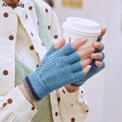 Gloves Women Knitted Students Write Female Winter Korean Half-finger Warm Couple Patchwork High Quality Elegant Lovely All-match