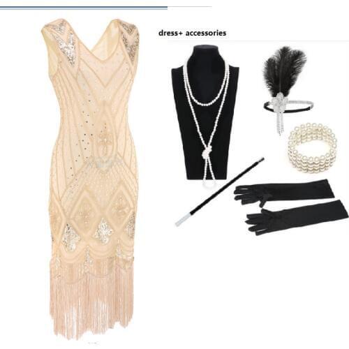 S-3XL 1920s Gatsby Sequin Fringed Flapper Dress with 20s Accessories Set boa Headband Necklace Gloves Cigarette Holder