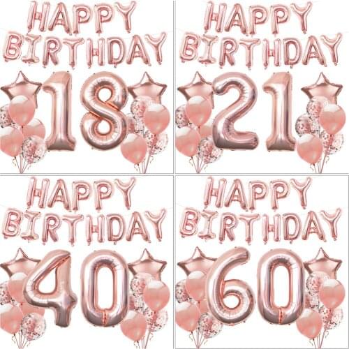 1set Rose Gold Birthday Party Balloons Happy Birthday Foil Balloons Banner Boy Girl Baby Shower Party Decor