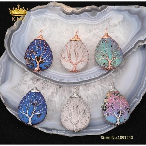 5pcs Drop Druzy Geode Tree of Life Pendant for Jewelry Making,Titanium Drusy Agates Wire Wrapped Copper Druzy Charms Findings