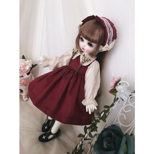BJD Doll clothes suitable for 1-3 1-4 1-6 size fashionable dress wine red elk dress with headband doll accessories
