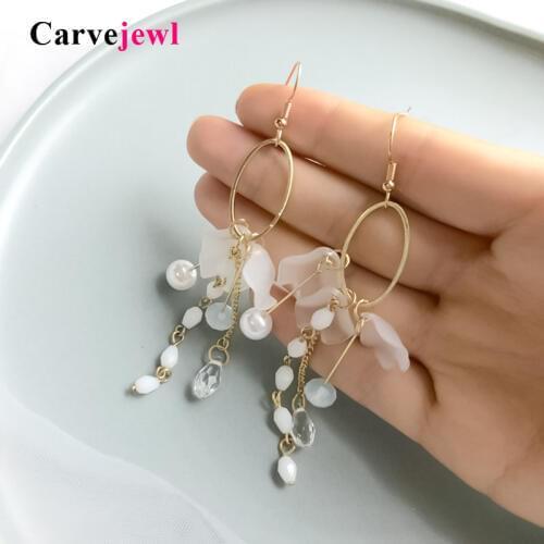 Carvejewl metal oval Elegant Women Crystal Dangle Earrings semitransparent Flower faceted bead drop big Long Earrings for Women