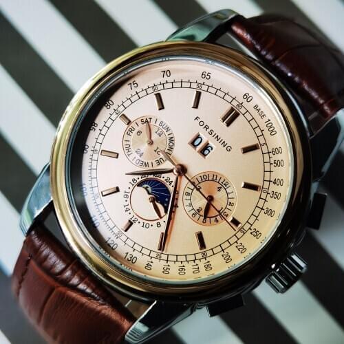 Forsining Moon PhaseRose Gold Case Brown Genuine Leather Strap Mens Watches Top Brand Luxury Auotmatic Mechanical Watch For Men