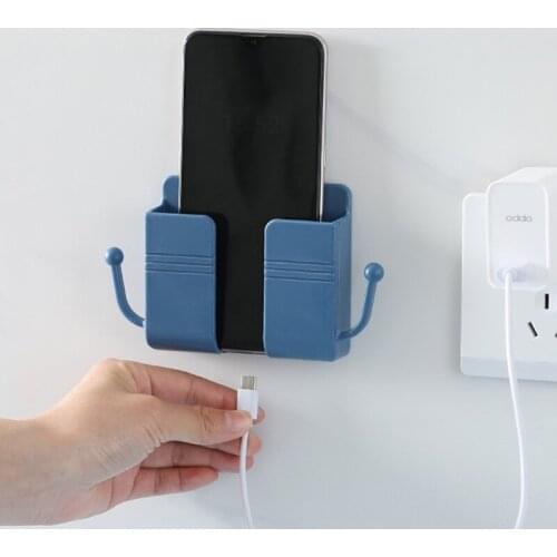 D0AD Adhesive Wall Mount Phone Holders with 2 Side Hooks for Cell Phone Charging Brackets Holders Shelf Sticker Fixing Wall