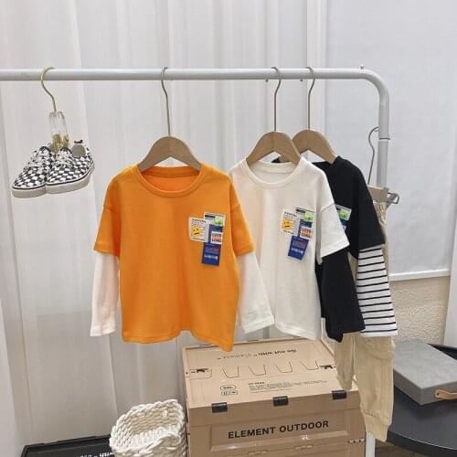 Childrens Clothing Boy T-shirt Long-sleeved Top Tees Spring 2021 New Korean Style Fake Two-piece Baby T-shirt Toddler Outwear