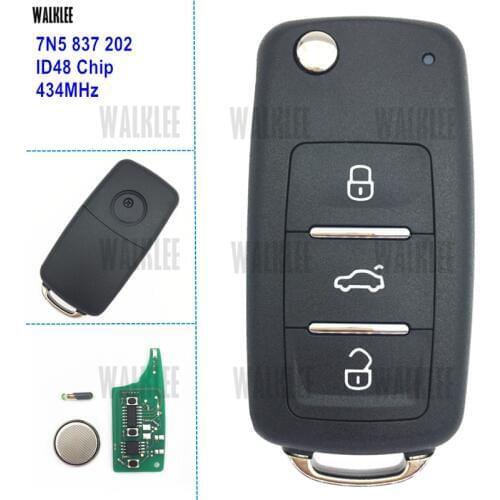 WALKLEE 7N5 837 202 Remote Key for SEAT 7N5837202 Alhambra/Altea/Ibiza/Leon/Mii/Toledo 434MHz with ID48 Immobilizer
