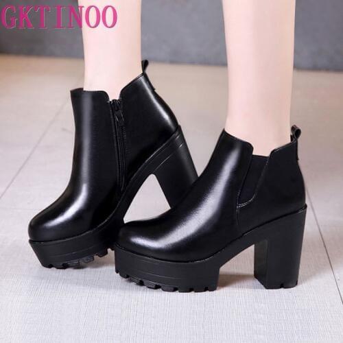 GKTINOO 2020 Soft Leather Autumn Winter Boots Shoes Women Ankle Boots Female High Heels Boots Women Boot Platform Shoes Warm