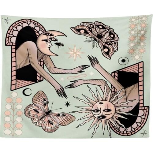 Sun Tapestry Bohemia Mandala Hand Drawn Medieval Europe Hippie Tarot Mysterious Teal Watercolor Illustration Wall Art Dorm Room