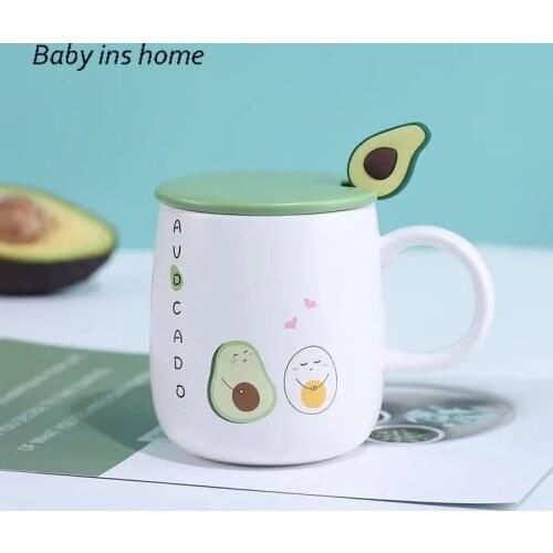 Custom Coffee Cup Milk Juice Cup 420ml Japanese Style Cute Avocado Ceramic Cup Cartoon Cup Water Cup with Lid Spoon Couple Mug