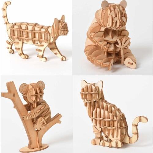 Laser Cutting Panda Koala Cat 3D Wooden Puzzle Assembly Wood Kits Manual Building Blocks Model Desk Decoration Toy for Children