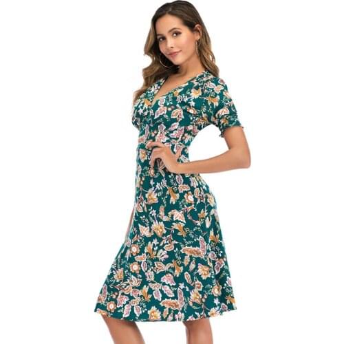Summer 2021 Fashion Women V-neck Casual Elastic Waist Boho Beach Dress Plus Size Floral Print Vintage Chiffon Midi Dress Vestido