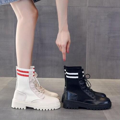 Cute Fashion Women Slim Mid-Calf Sock Boots Gothic Punk Lolita Booties Femals Flat Motorcycle Boots Canvas Shoes