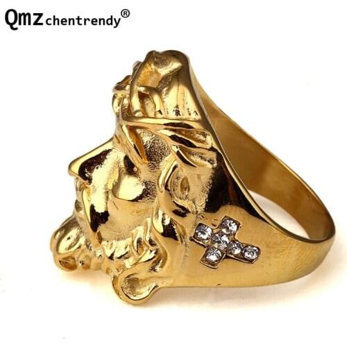Fashion Titanium Steel Gold Bling Ice Out CZ 3D Christ Jesus Head Piece Ring Hip Hop Bling Rock Size 6-12 For Men Women Gift