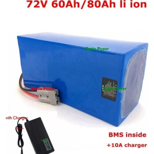 Rechargeable 72V 60Ah 80Ah Lithium li ion battery with BMS for 4000W 5000W motorcycle ebike scooter golf trolley+10A Charger