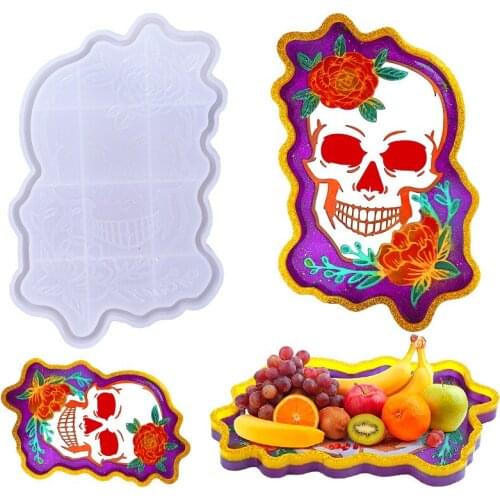Skull Head Tray Epoxy Resin Mold DIY Handmade Snack Fruit Storage Tray Silicone Mould Halloween Decoration Accessories Making