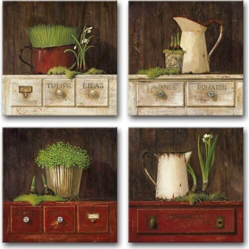 Mediterranean Style Simple Canvas Painting Retro Flower Villa Hotel Club Home Decoration Oil Painting Plant In Cup Wall Art