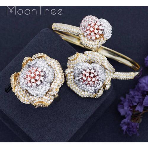 MoonTree Luxury Floral Sun Flower Full Cubic Zirconia Pave Bracelet Bangle Ring Set Dress Jewelry Sets For Women