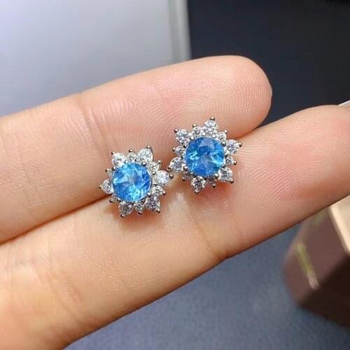 Clear blue gemstone stud earrings for women earrings 925 sterling silver earrings natural blue topaz gem girl birthday gift