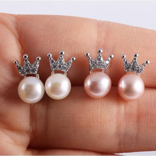 Natural Freshwater Pearl Earrings Fashion Crown Ear Nail Stud Earrings Exquisite Jewelry Gifts For Women Girls Fit Party Wedding