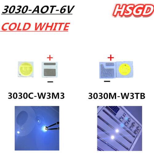 500pcs For LED LCD Backlight TV Application LED Backlight 1.6W 6V 3030 125LM Cool white AOT 3030M-W3TB LCD Backlight for TV