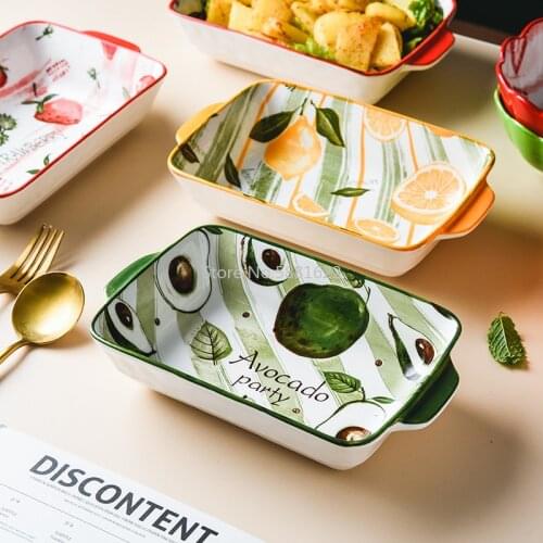 Hand-painted Plate Creative Household Ceramic Bakeware Japanese Baking Bakeware Baked Rice Plate Strawberry Binaural Fruit Plate