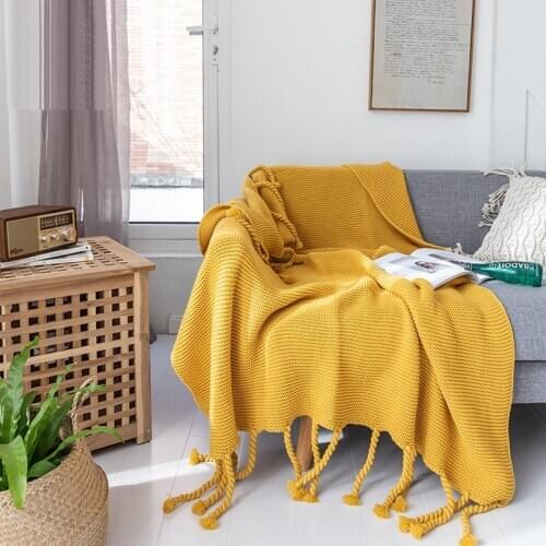 Bonenjoy Knitted Blanket Yellow Color Hand Made Thread Blanket with Tassel Thow Blanket on Sofa Single Size Sofa Plaid Queen
