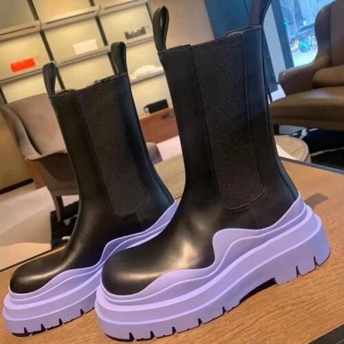 Color Thick Sole Chelsea Boots Woman Genuine Leather Motorcycle 2021 Platform Shoes Women Flats Short Size Winter Boots Punk