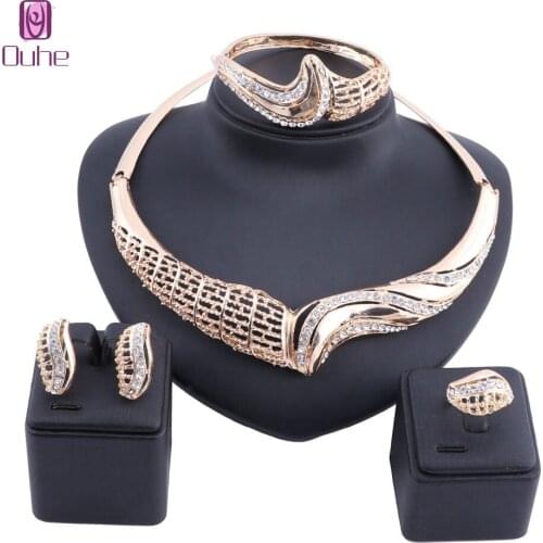 Women African Beads Jewelry Sets Crystal Necklace Earring Ring Bangle Jewelries Set Gold Silver Color Statement Accessories Set