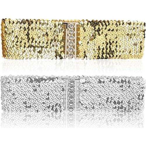 Womens Cool Waist Belt Punk Sparkling Sequins Elastic Stretch Wide Waistband