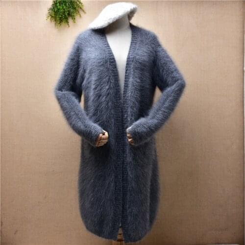 Female women autumn winter thick warm hairy mink cashmere knitted long sleeve loose cardigan mantle angora fur long sweater coat