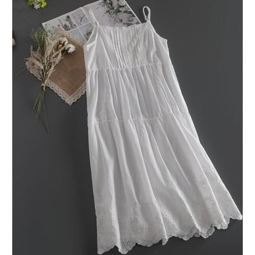 Summer Women Embroidery Sling Dress Japan Style Mori Girl Literary Cotton Sleeveless O-Neck Solid Midi Dresses Women