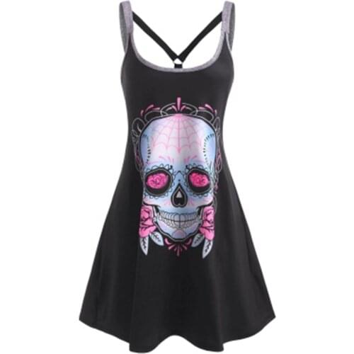 Plus Size Skull Print Women Sleeveless Shirt Dress 2021 Summer Gothic Style Ladies Casual V Neck Loose Short Mini Dresses Tank