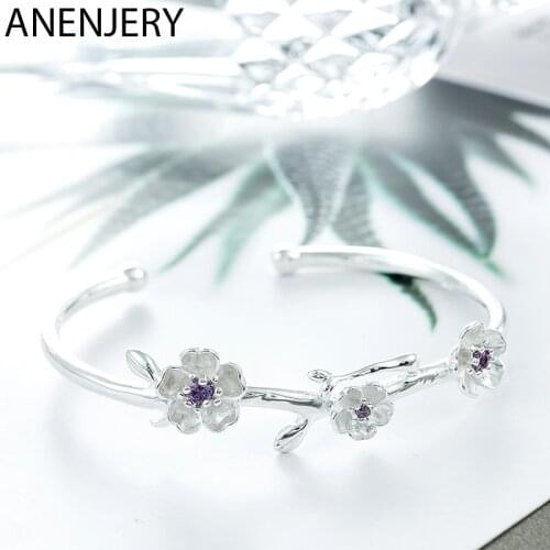 ANENJERY 925 Sterling Silver Open Cuff Bangle Dainty Cherry Blossoms Bangle Bracelet Connected Purple Zircon Jewelry S-B279