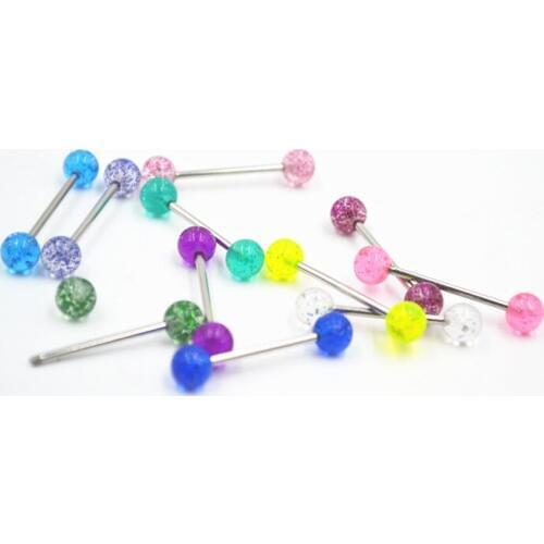 Free Shipping 100pcs Body Jewelry Piercing Acrylic Ball Glitter Tongue Ring Barbells Nipple Bar 14G~1.6mm Mix Colors