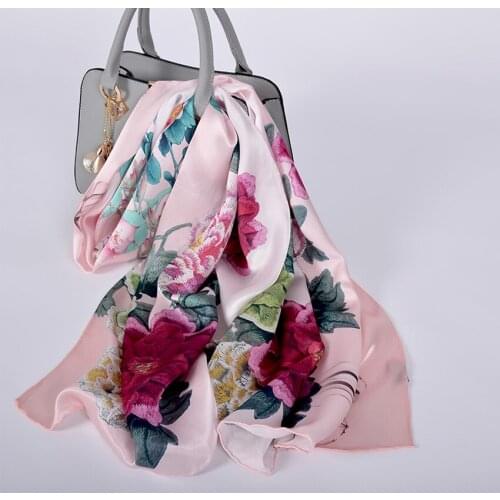 [BYSIFA] Fashion Brand Silk Scarf Shawl New Lilac Flower Design Ladies Long Scarves 100% Silk Khaki Women Neck Scarf 175*52cm